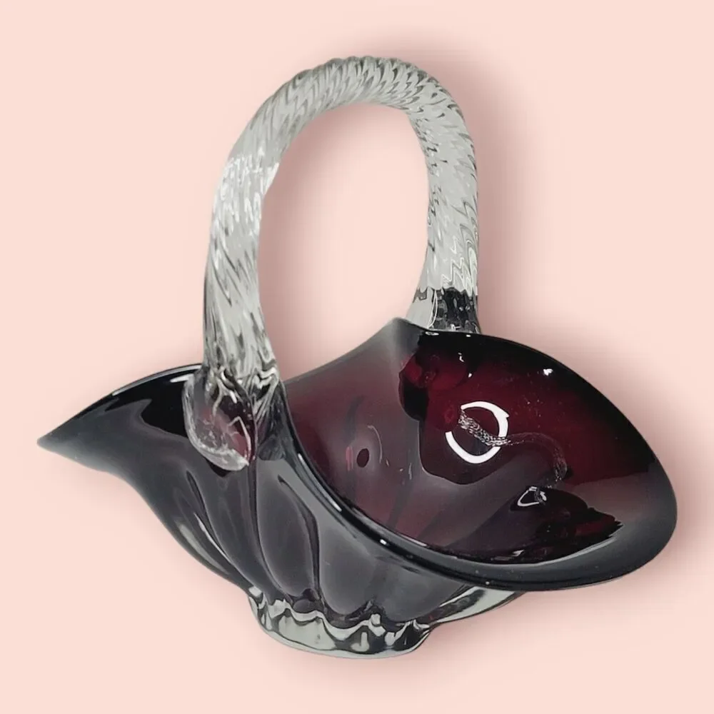 Ruby Red Hand Blown Art Glass Basket Applied‎ Handle Clear Ground Base